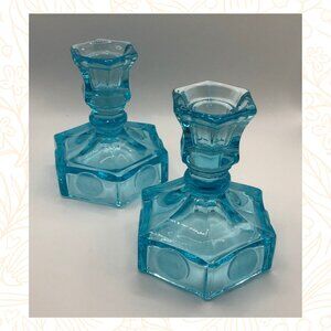 Pair of Vintage Fostoria Coin Candlestick Holders Marina Blue